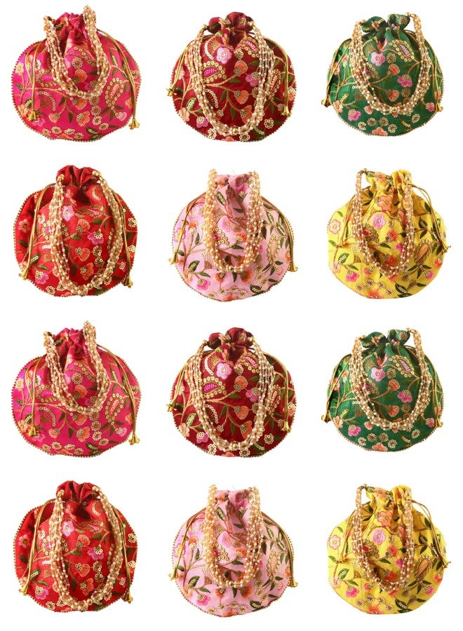 BINORI Rajasthani Style Royal Clutch Silk Batwa Bag Wristlets Embroidered Potli Bag With Floral Design, Pearl Handle, Traditional Drawstring Purse (Pack of 12) - Image 1